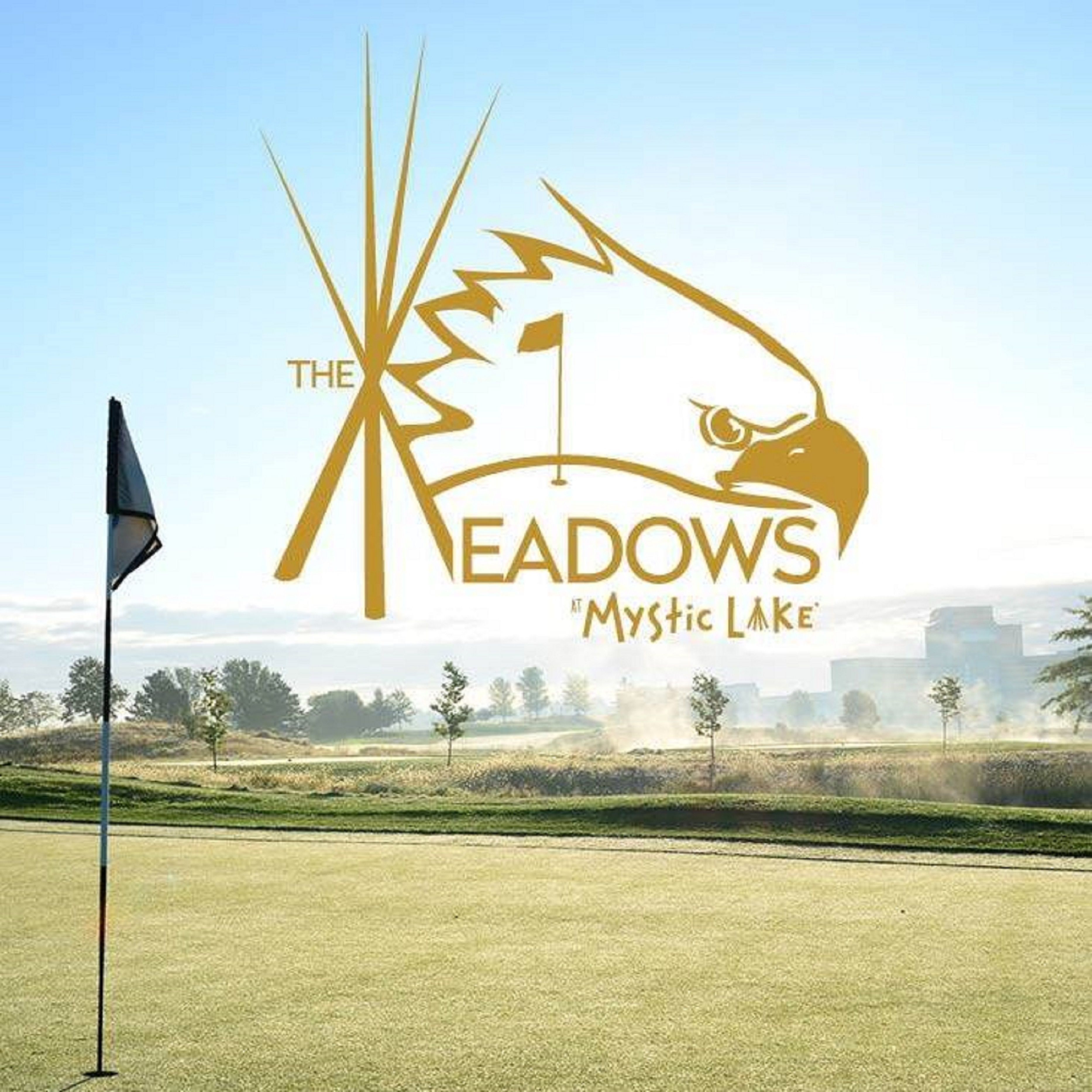 Un campo de golf con un mástil de bandera y el logotipo de "The Meadows at Mystic Lake".