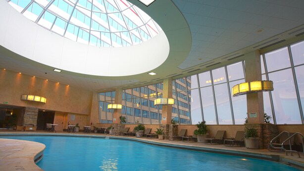 An indoor swimming pool with a skylight, lounge chairs, and potted plants.
