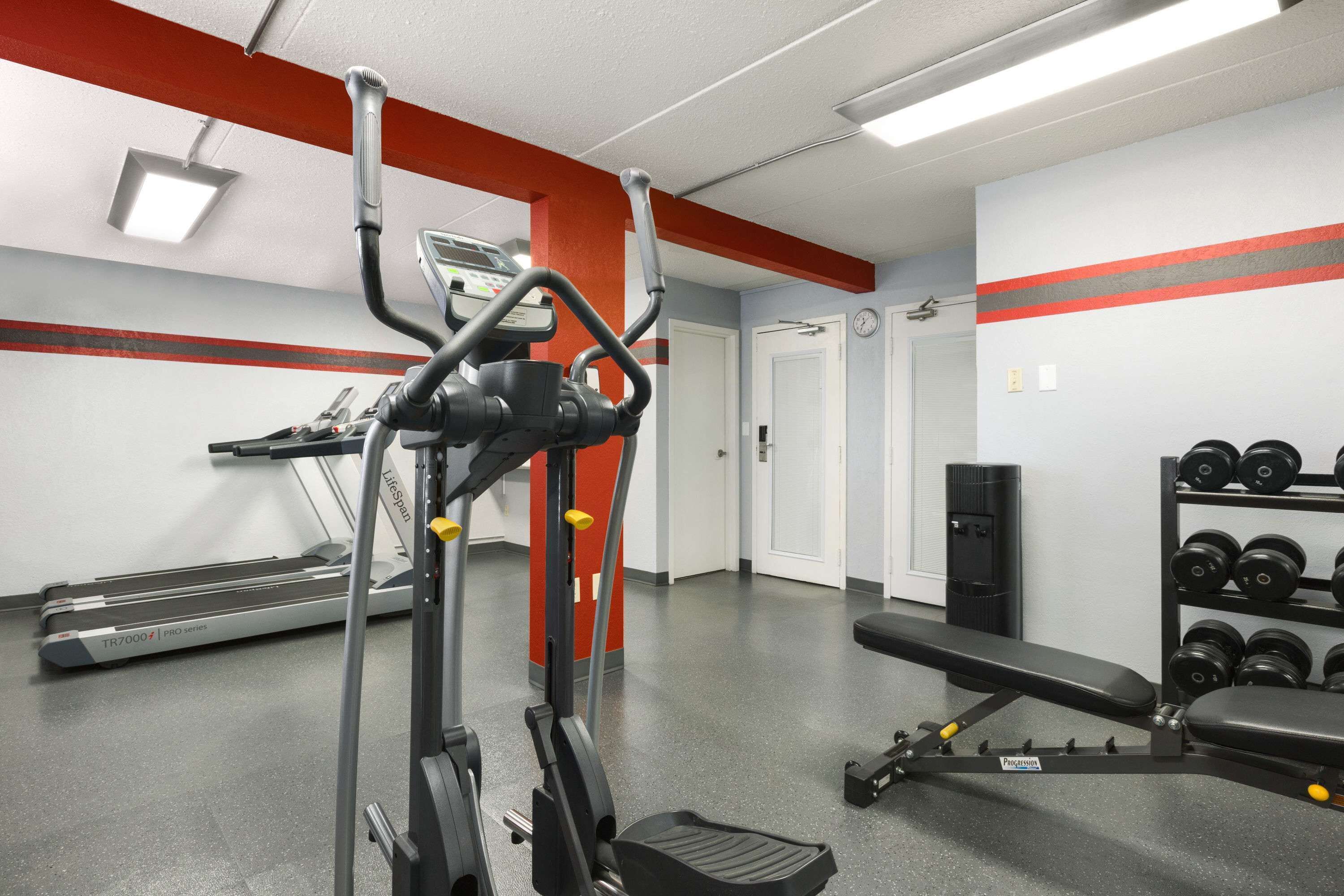 A gym with treadmills, an elliptical, a bench, and a rack of dumbbells.