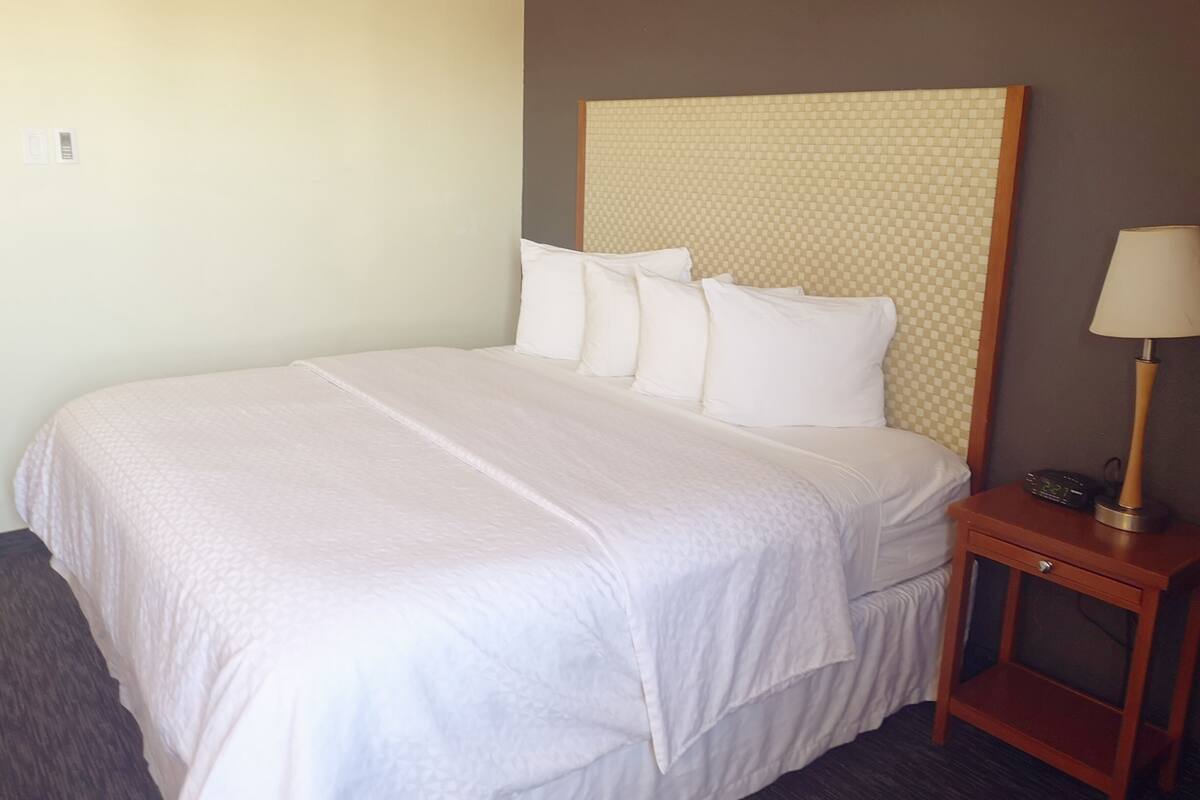 A neatly made bed with white linens, a wooden nightstand with a lamp, and a patterned headboard.