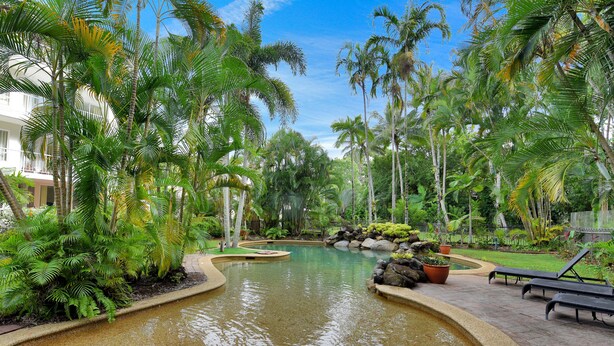Un resort tropical con una fuente central, palmeras y zonas de descanso.