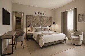 A modern hotel room with a bed, bedside tables, a desk, a chair, and a wardrobe.