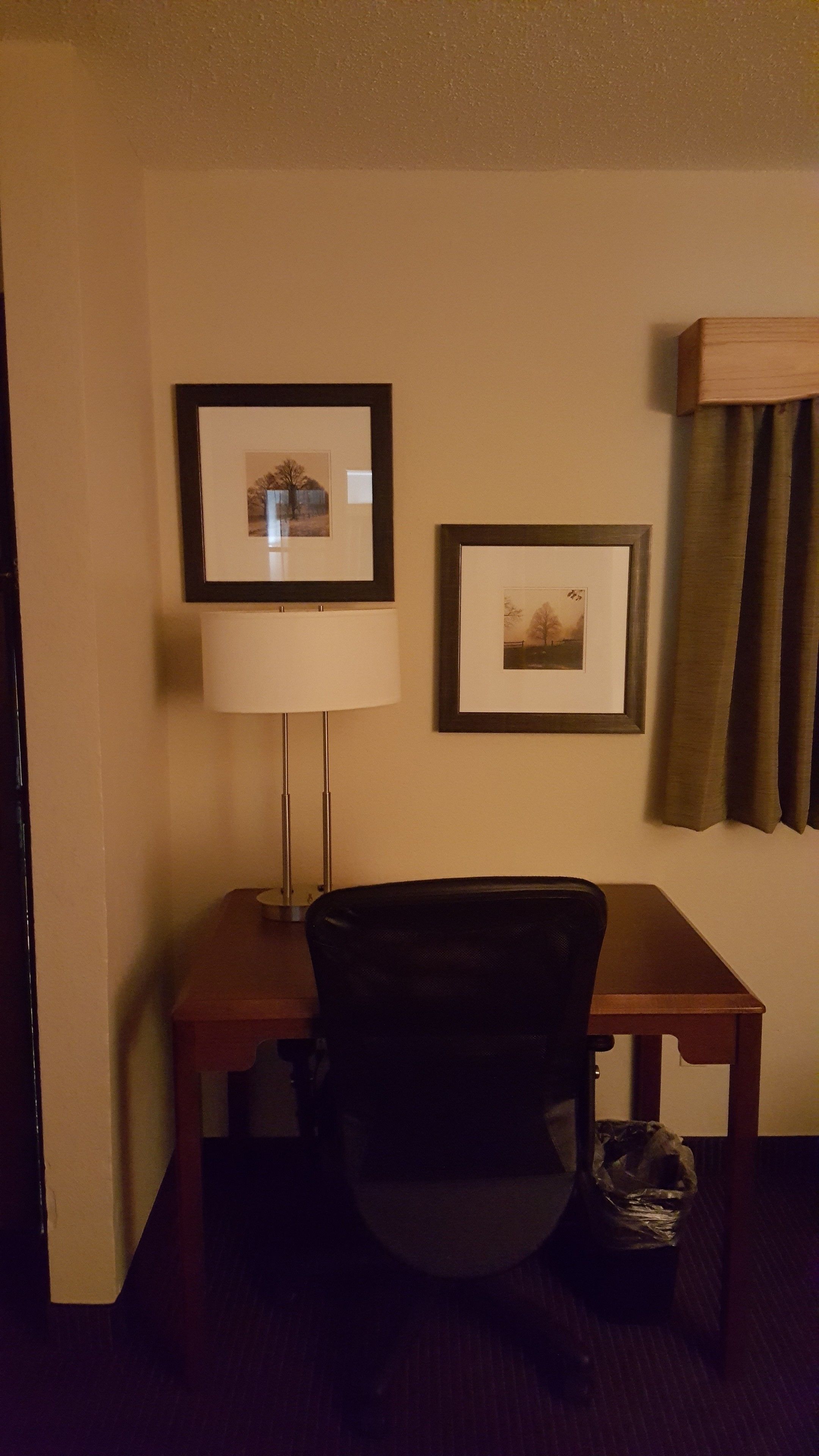 Habitació d'hotel amb escriptori, dues quadres al mur, una làmpada i una cadira.