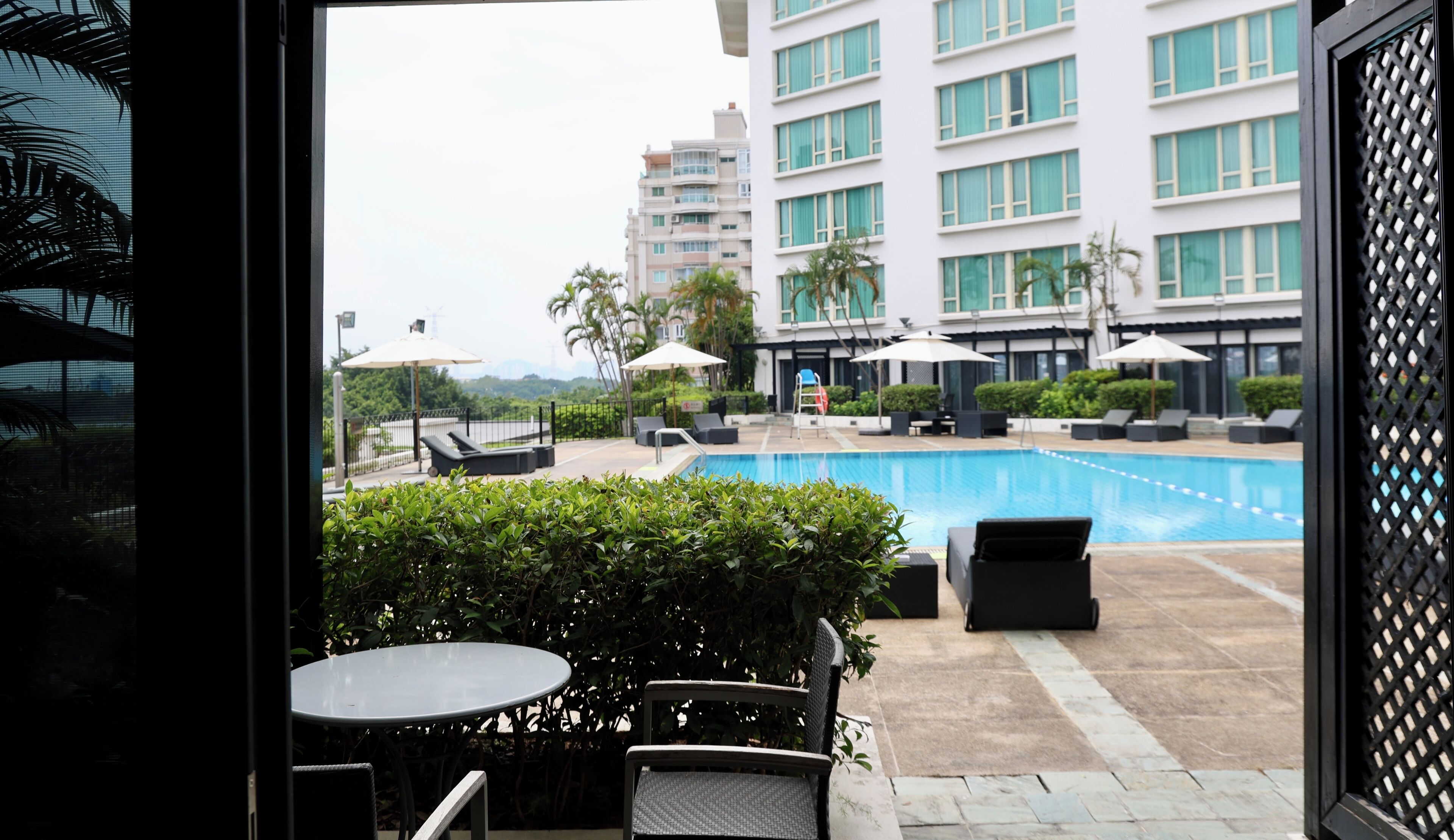 A pool area with lounge chairs and umbrellas, surrounded by greenery and a building with multiple windows.