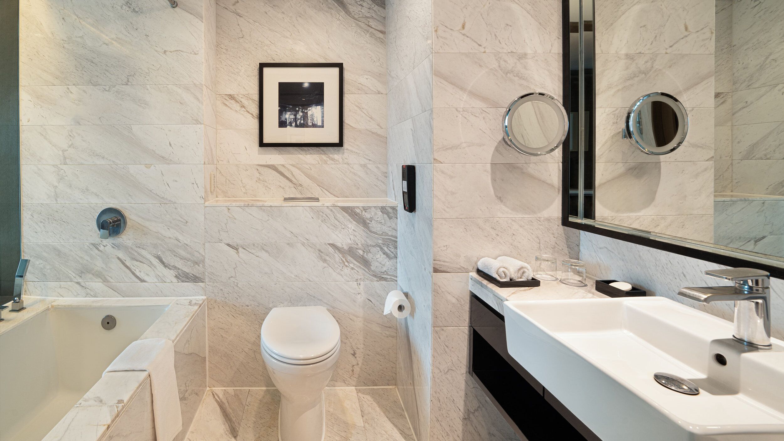 combined shower/bathtub, deep-soaking bathtub, rainfall showerhead