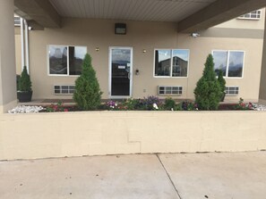 Stylish building with a flat roof, featuring three evenly spaced windows and a small garden area.