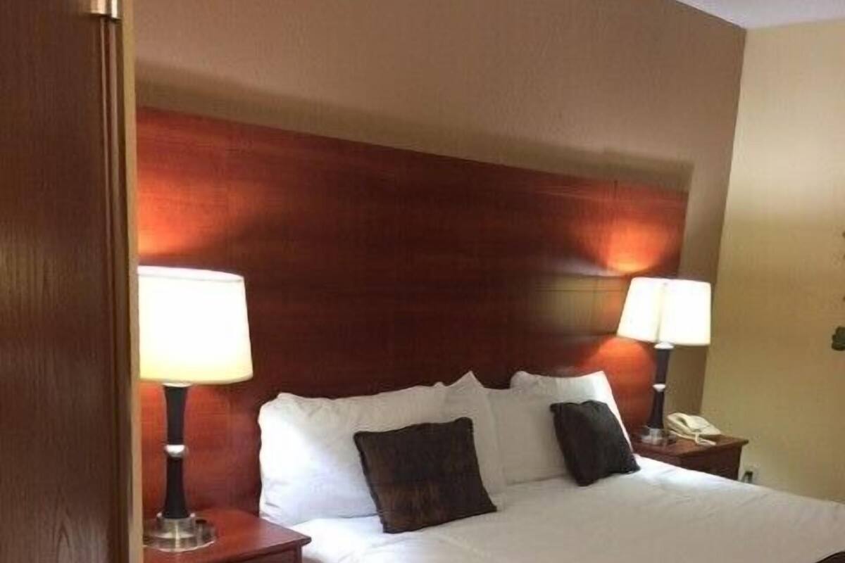 A hotel room with a large bed, two bedside lamps, a nightstand, and a wooden headboard.