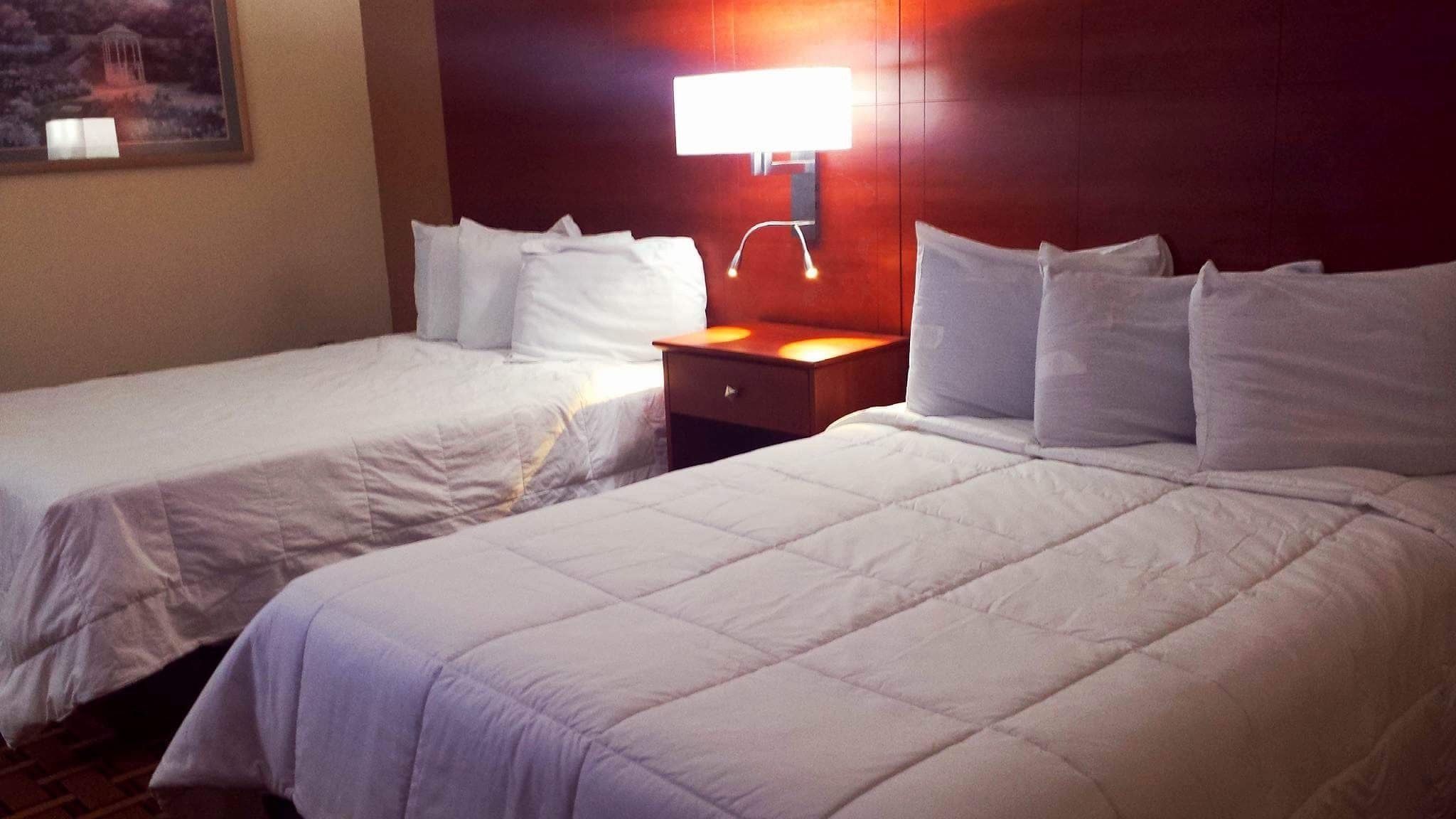 A hotel room with two single beds, a nightstand with a lamp, and a painting on the wall.