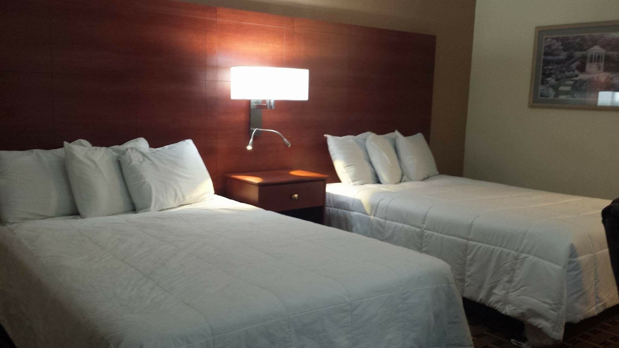 A hotel room with two single beds, a nightstand, a wall-mounted lamp, and a framed picture on the wall.