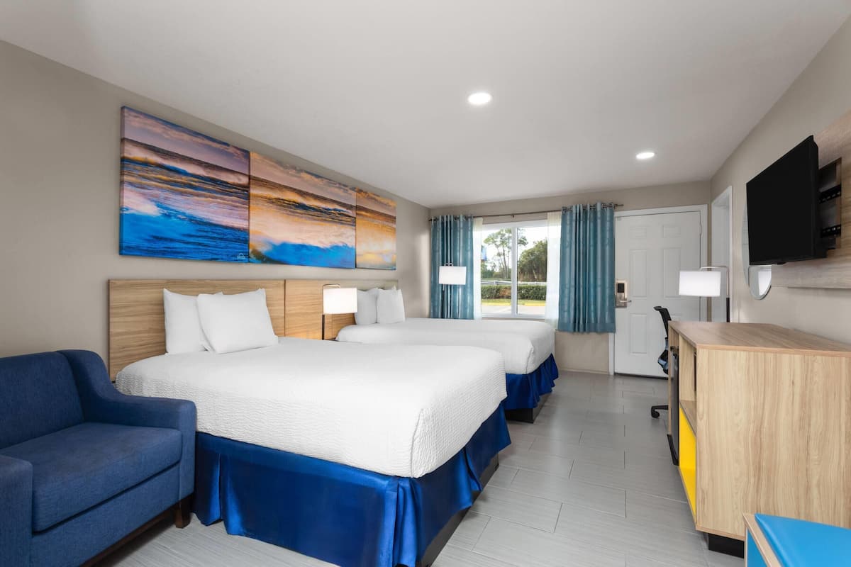 Room, 2 Double Beds, Non Smoking | Desk, laptop workspace, blackout curtains, iron/ironing board