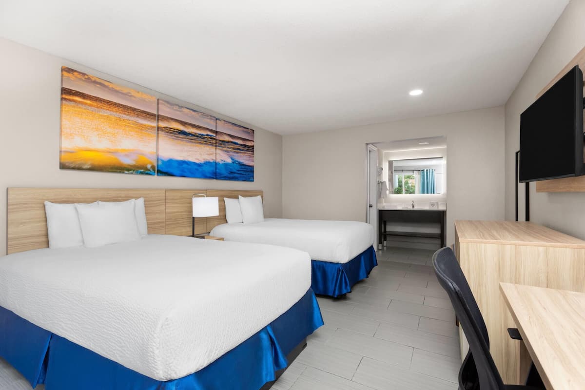 Room, 2 Double Beds, Non Smoking | Desk, laptop workspace, blackout curtains, iron/ironing board