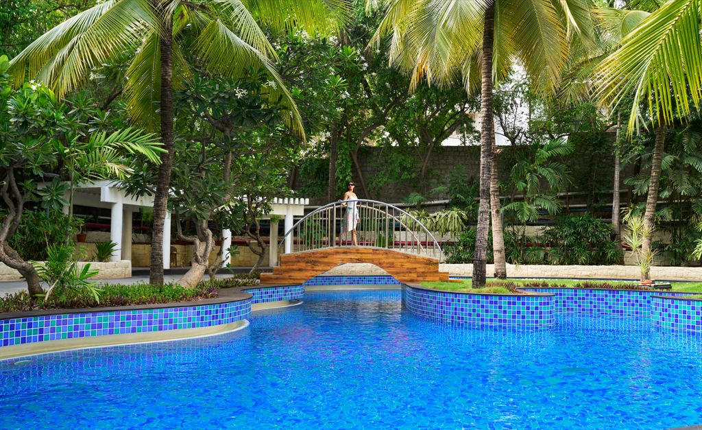Piscina com uma ponte de madeira, cercada por vegetação exuberante e palmeiras.