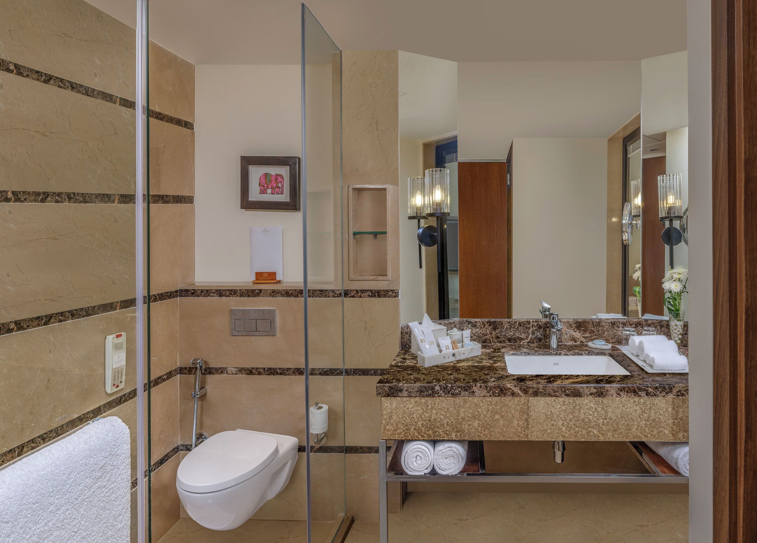 free toiletries, hair dryer, slippers, towels