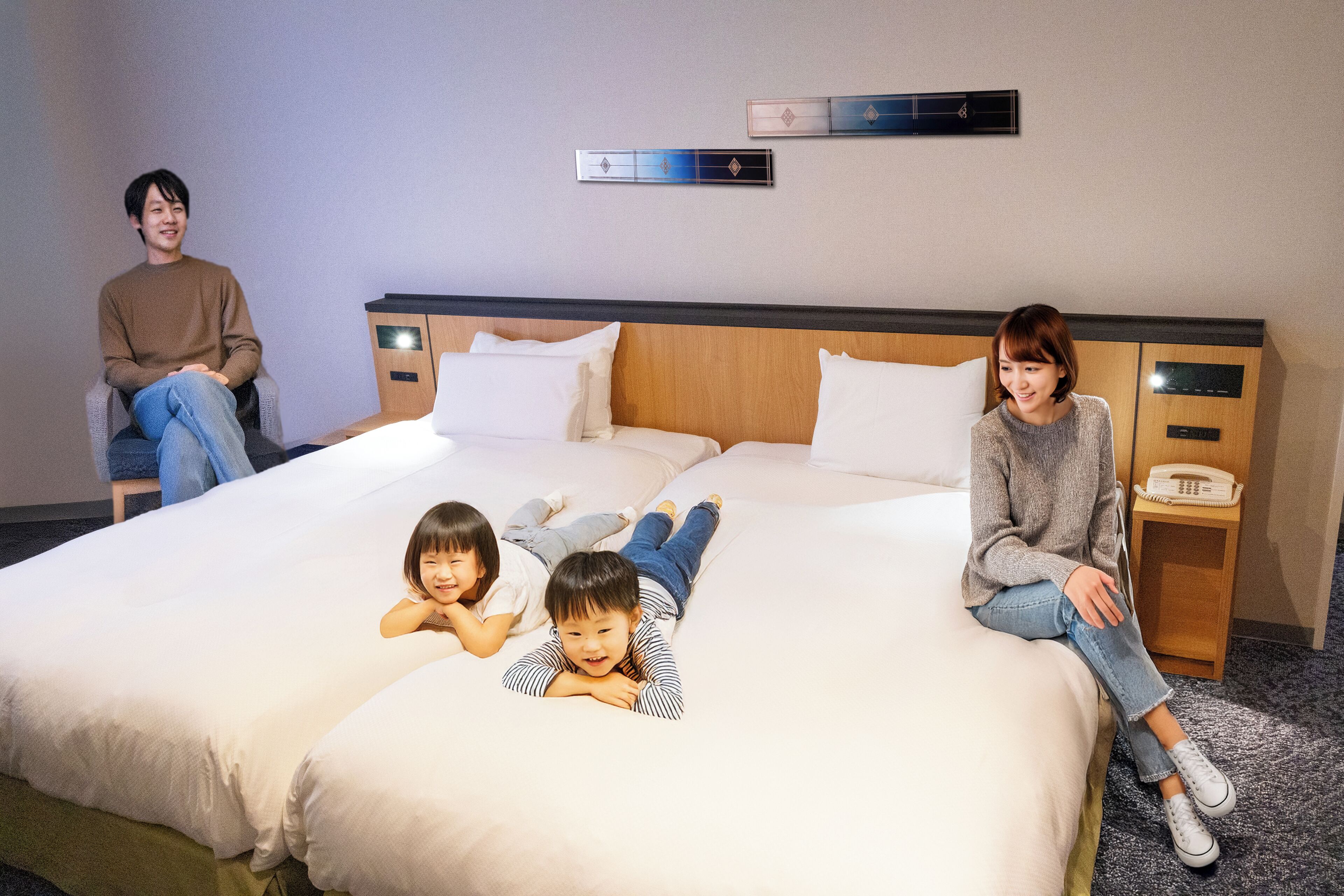 A hotel room with a large bed, two bedside tables, and a wall-mounted control panel.
