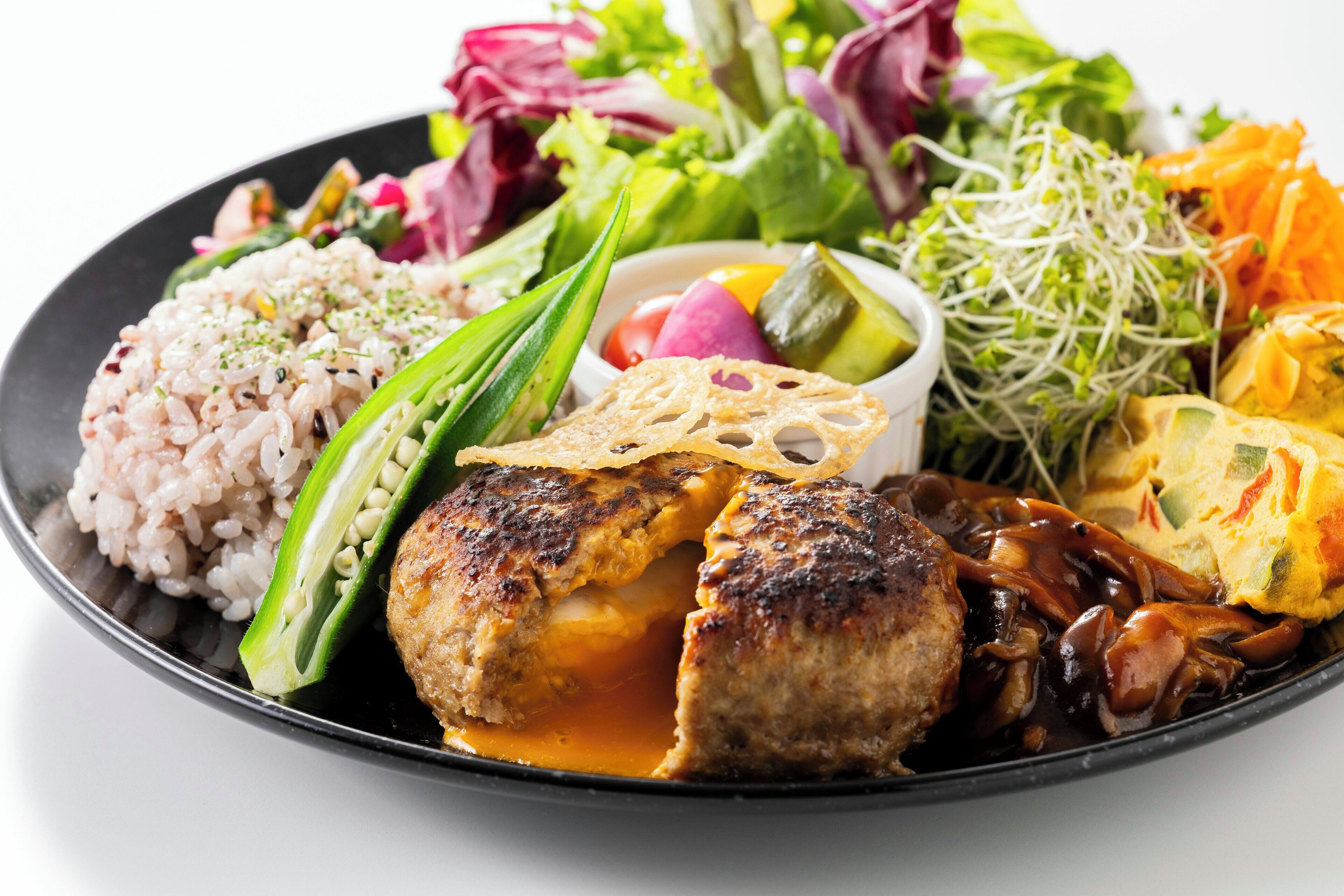 En tallerken mad med ris, kød, grøntsager og en salat.