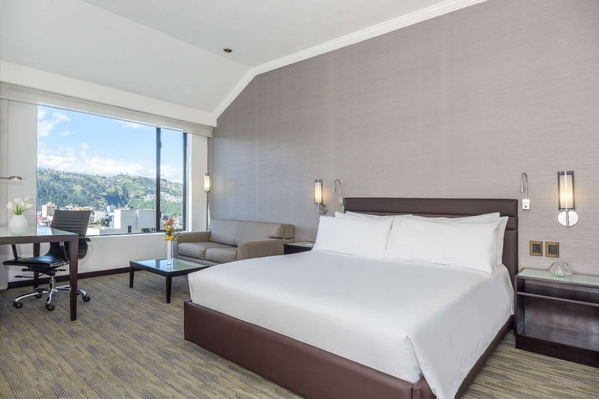 A hotel room with a large bed, a desk, a chair, and a view of the city.