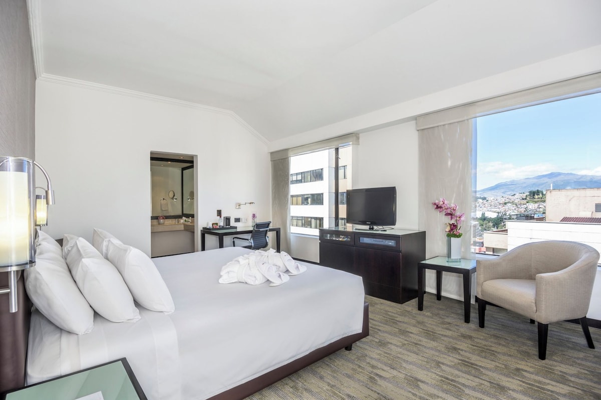 Habitación de hotel con cama, escritorio con televisor, una silla y vista a la ciudad.