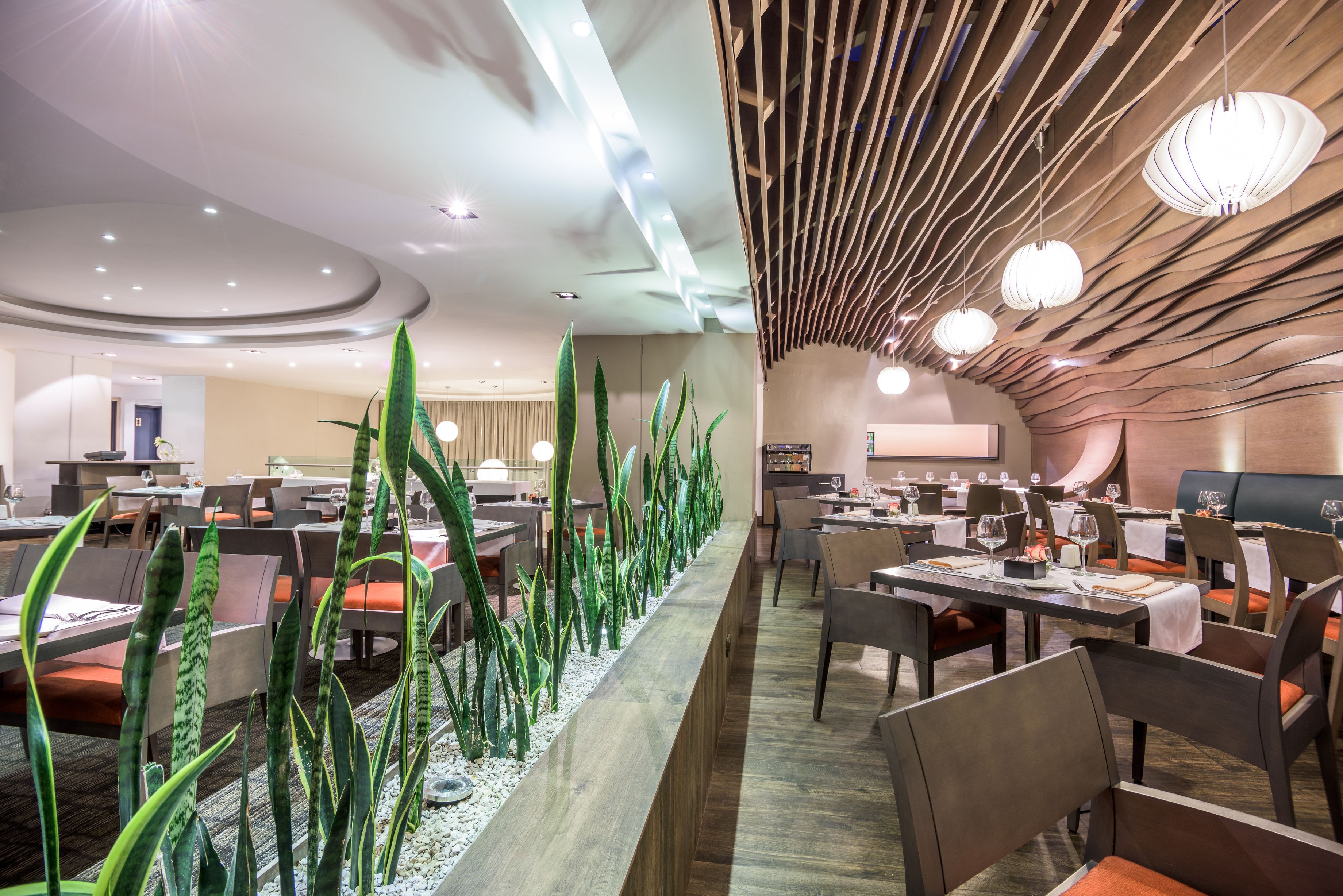 A modern restaurant with a long counter, green plants, and wooden ceiling panels.
