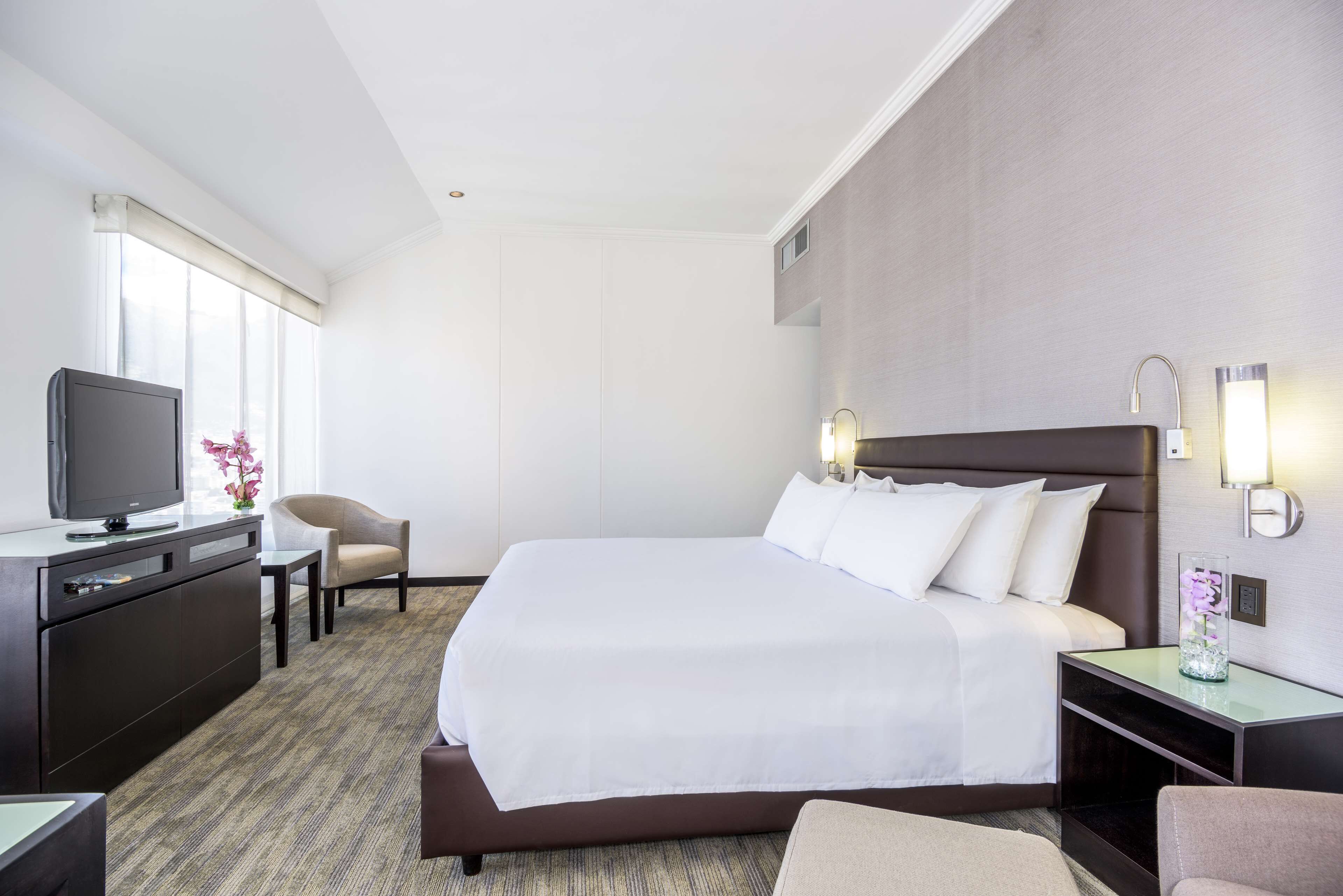 Habitación de hotel con una cama grande, un escritorio con televisor, una silla y una mesita de noche con lámpara.