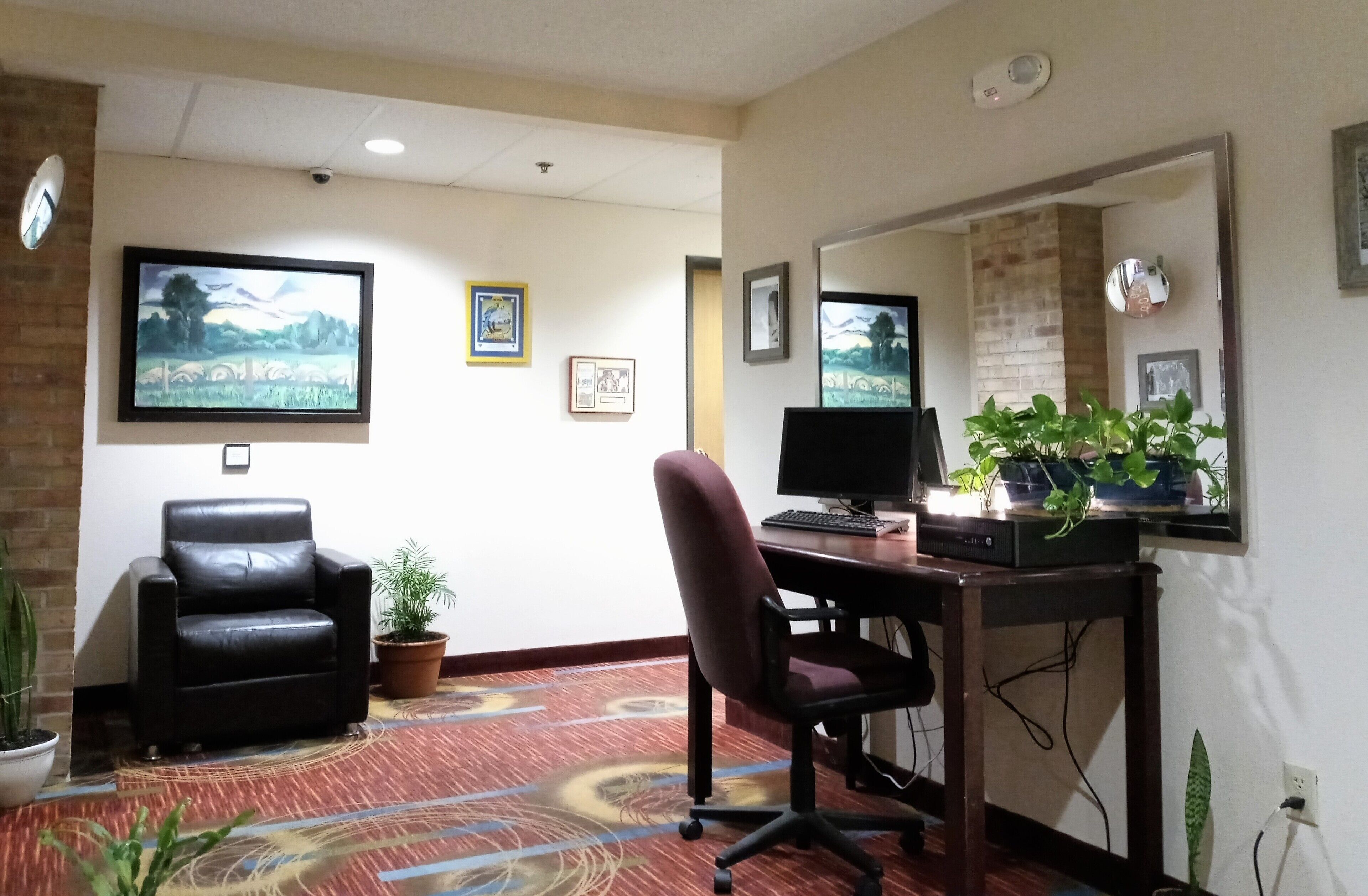A room with a desk, chair, computer, and two potted plants.