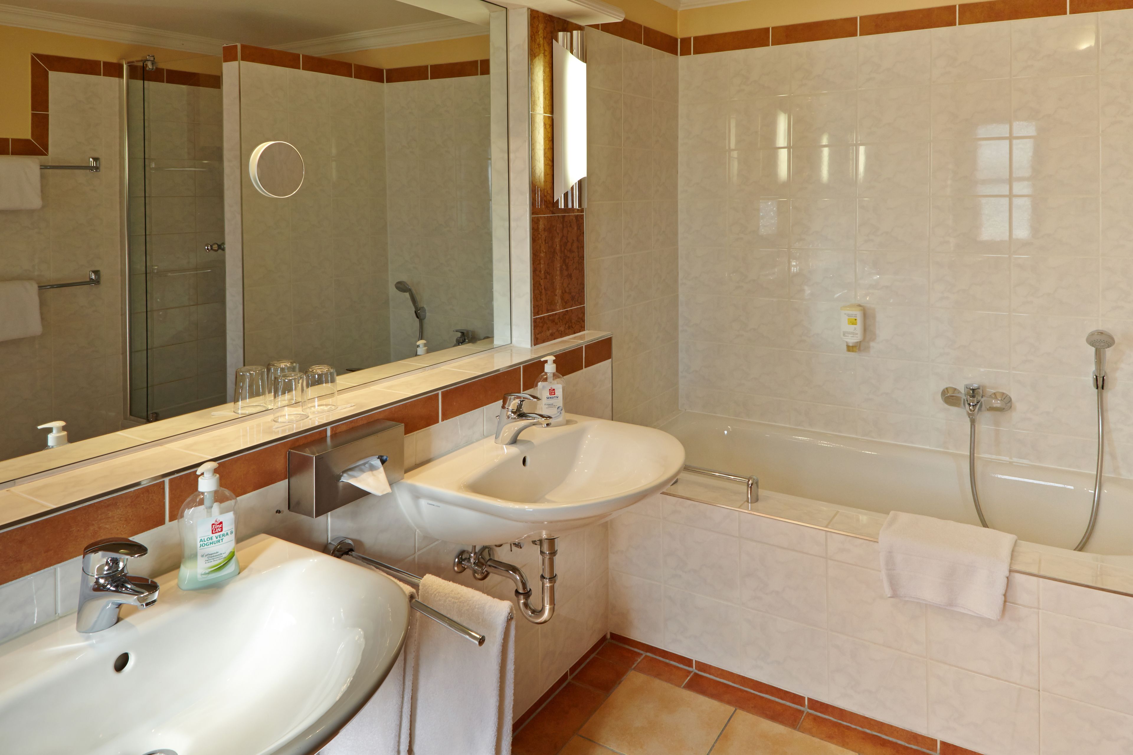 A bathroom with two sinks, a mirror, a shower, and a towel rack.