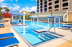 A large indoor swimming pool with blue lounge chairs and umbrellas, surrounded by palm trees and a high-rise building.