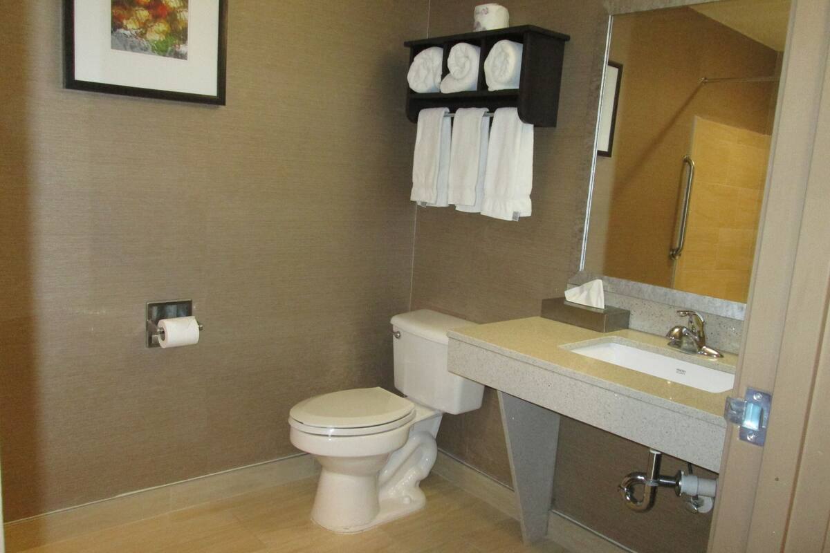 A bathroom with a toilet, sink, and a shelf with towels.