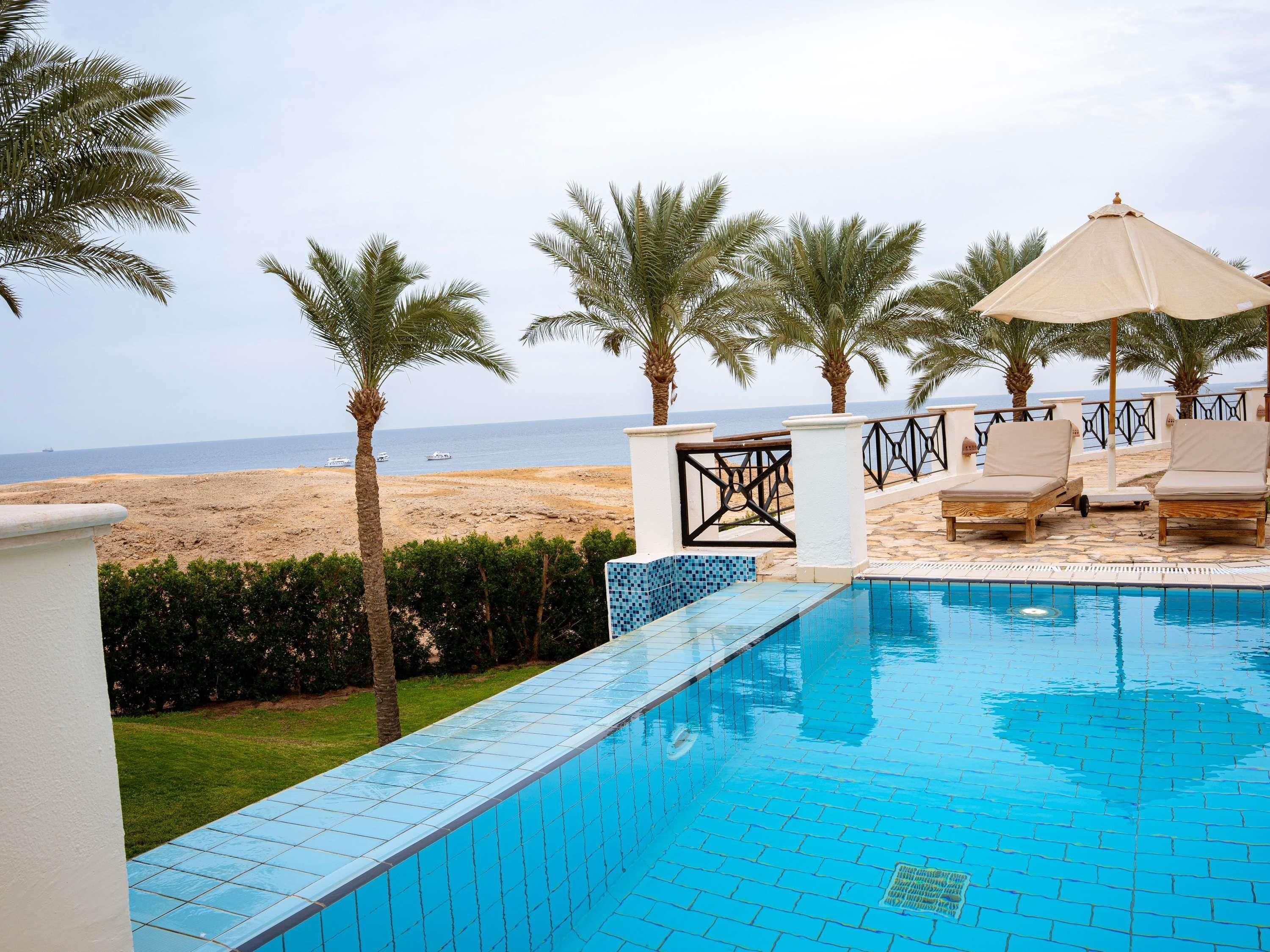 Ein Pool mit Blick auf Strand und Meer.
