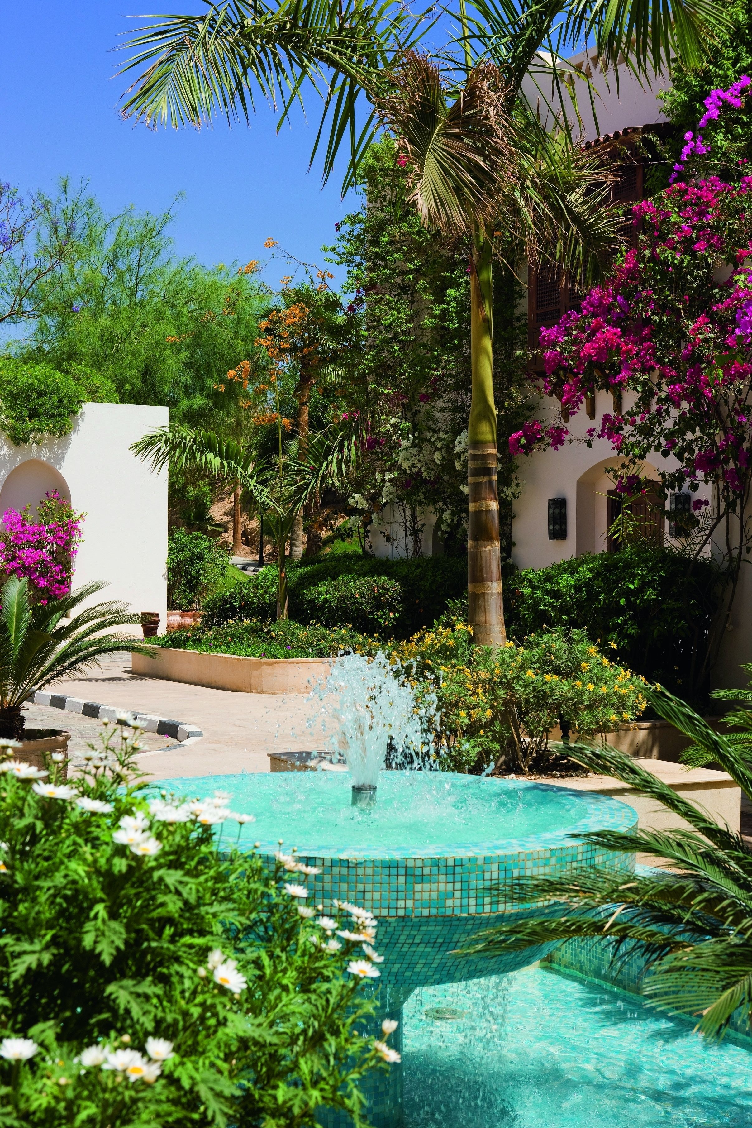 A pool with a water feature surrounded by lush greenery and flowering plants.