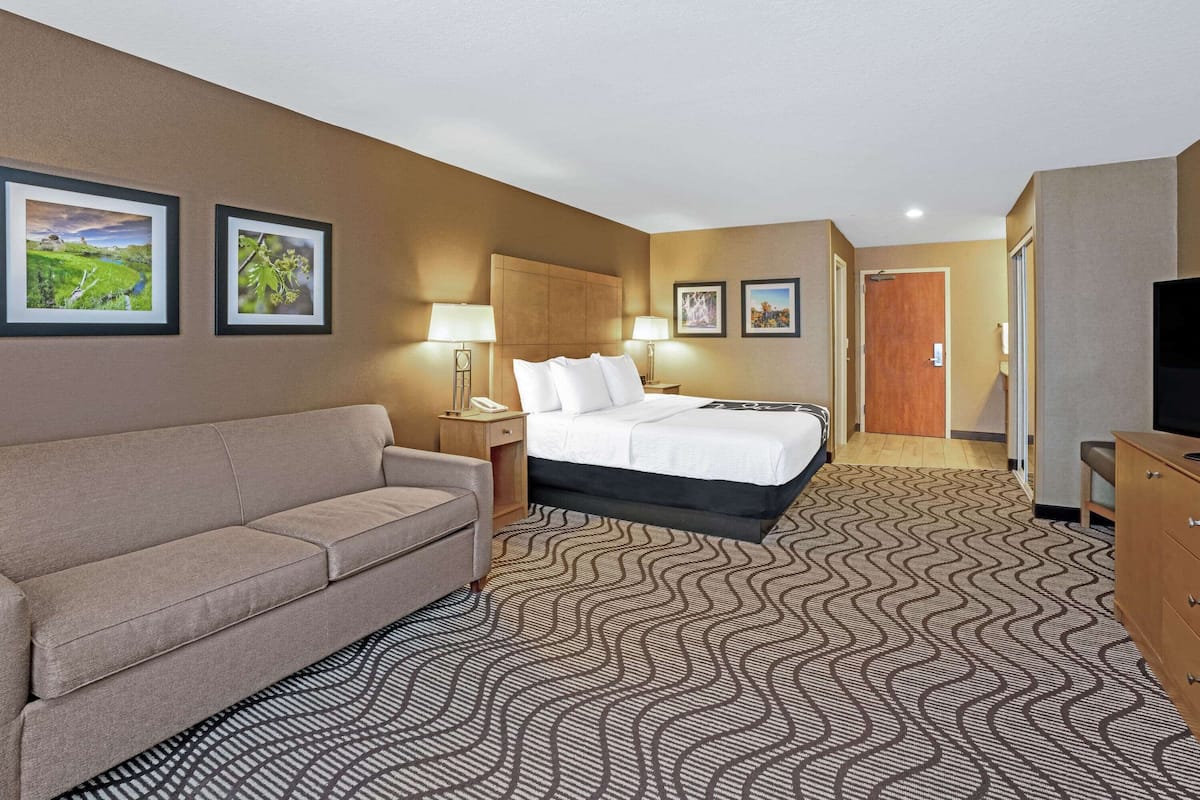 A hotel room with a bed, a sofa, a TV, and two framed pictures on the wall.