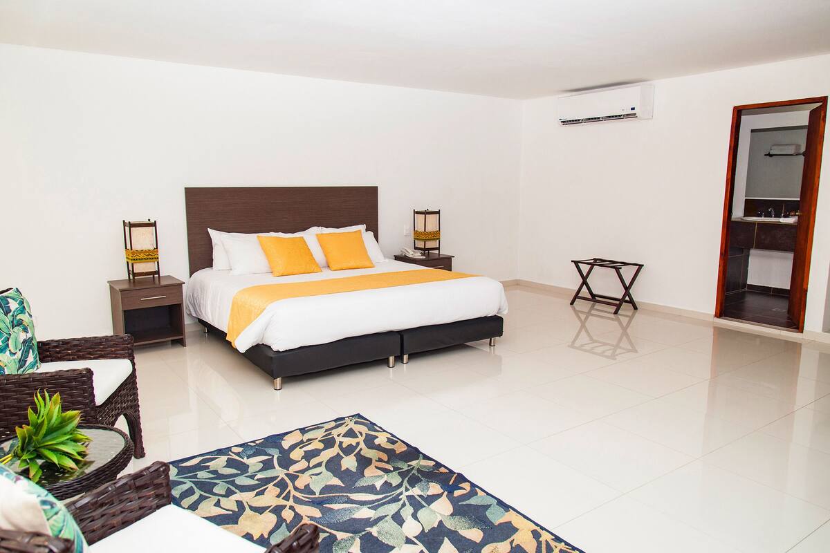 Quarto de hotel com uma cama grande, duas mesas de cabeceira, uma mesinha, uma cadeira, uma planta em vaso e um espelho.