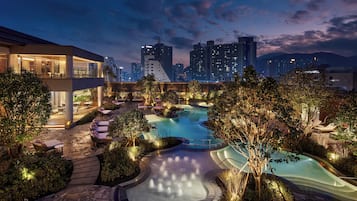 Indoor pool, outdoor pool, open 9:00 AM to 8:00 PM, cabanas (surcharge)