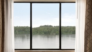 A window with a view of a lake and forest.