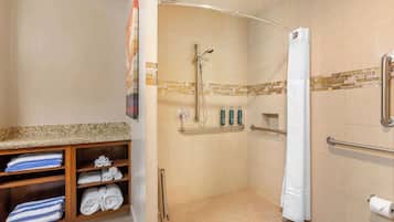 Een hotelbadkamer met een douche, handgrepen, een handdoekrek en een toiletpapierhouder.