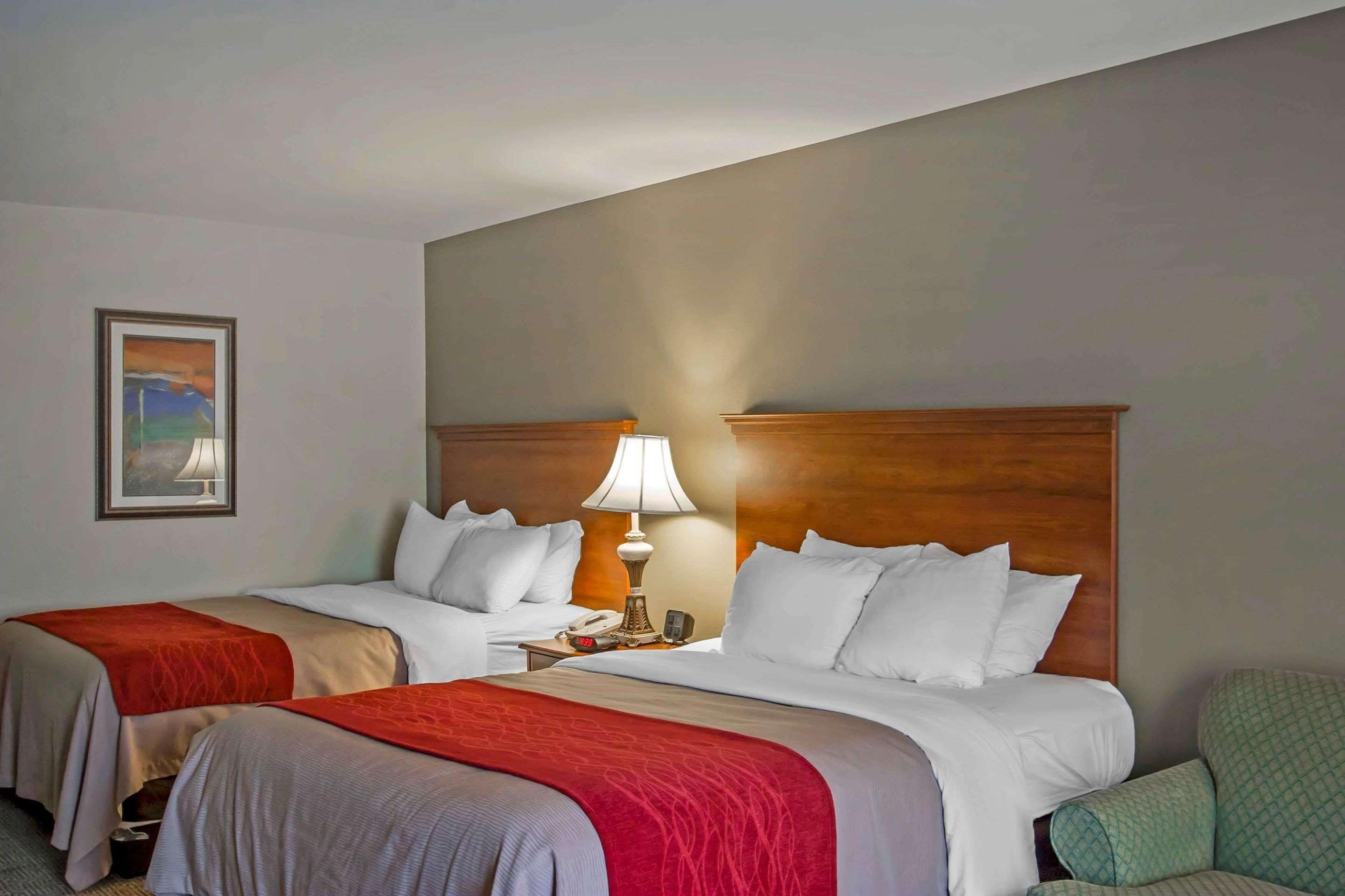 Une chambre d’hôtel avec deux lits, une table de chevet avec une lampe, une chaise et un tableau encadré au mur.