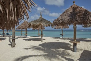 On the beach, free beach cabanas, sun loungers, beach umbrellas