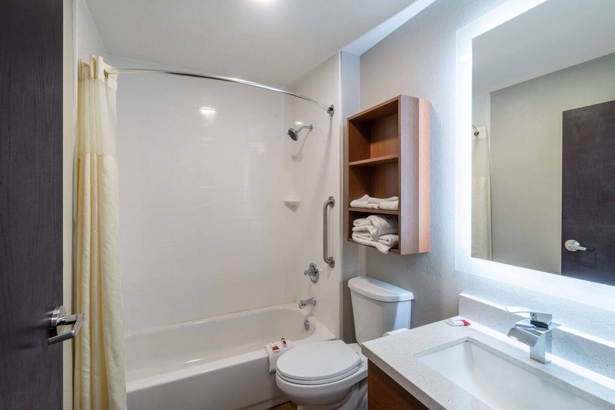 combined shower/bathtub, free toiletries, hair dryer, towels