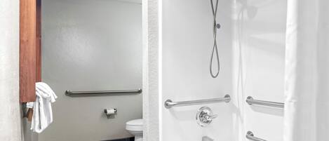 A bathroom with a shower, toilet, and handrails.