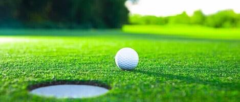 A golf ball on a green with a hole.