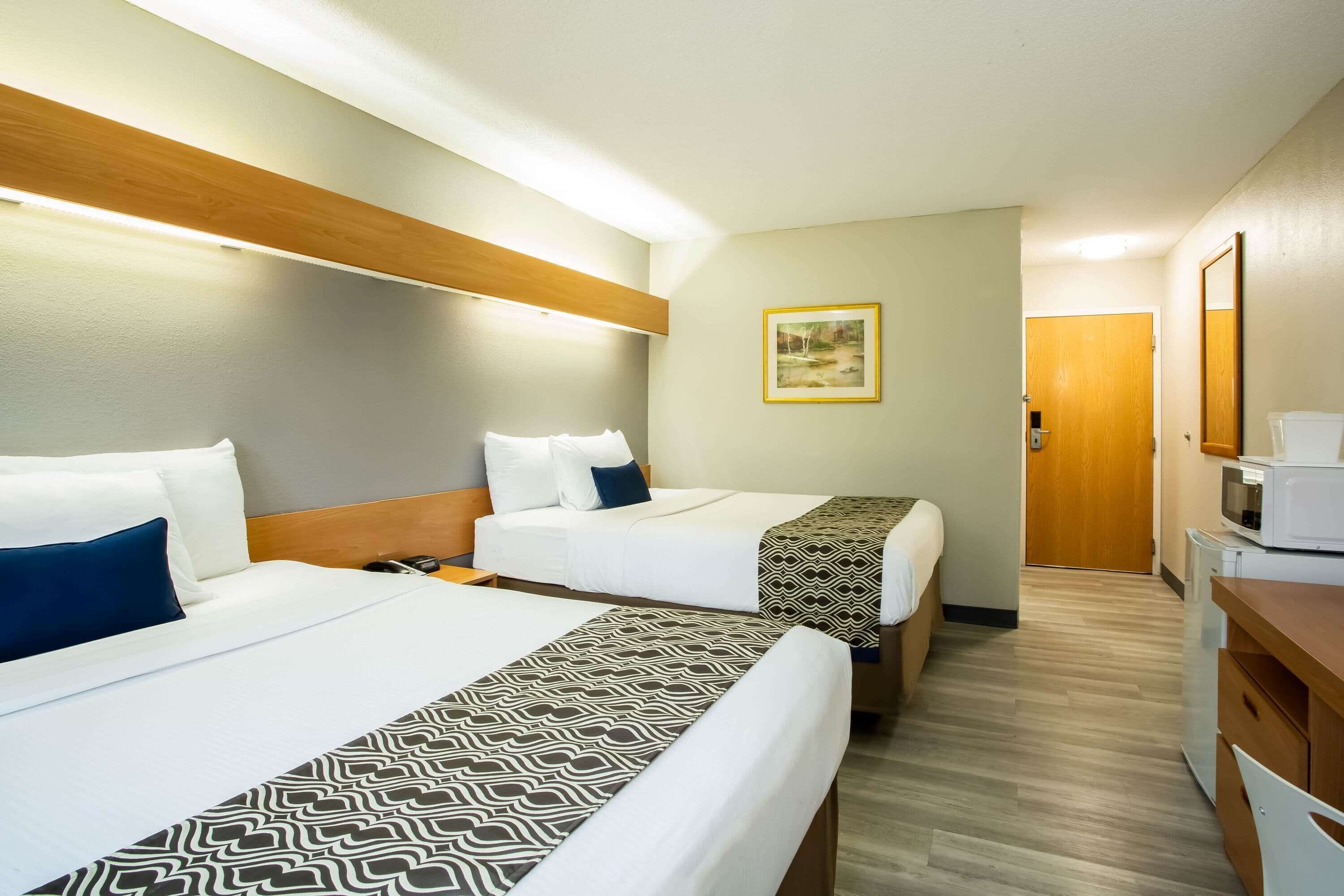 Une chambre d’hôtel avec deux lits, une tête de lit en bois, un tableau au mur et un four à micro-ondes posé sur un comptoir en bois.