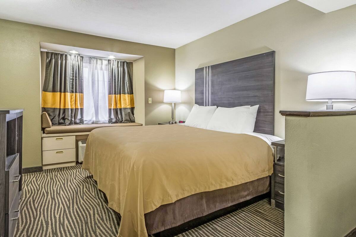 A hotel room with a large bed, a desk, a chair, a window with curtains, and a nightstand with a lamp.