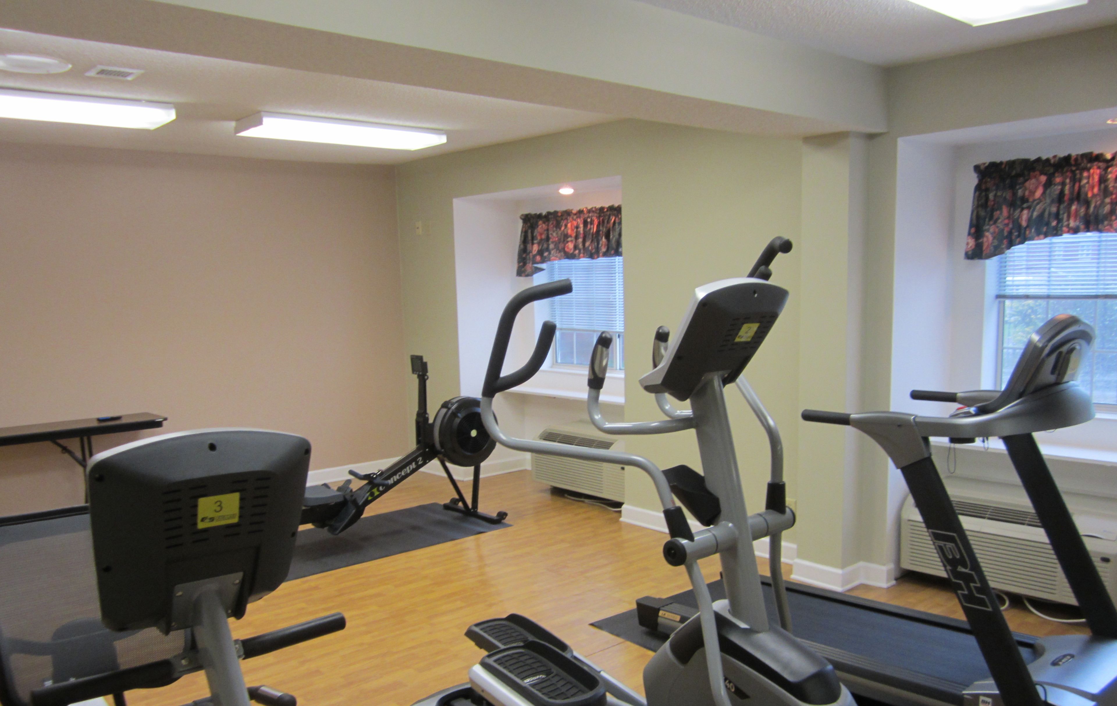 A gym with cardio machines, a treadmill, and a rowing machine.