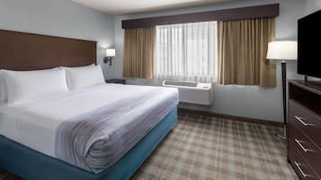 A hotel room with a large bed, a flat-screen TV, a window with curtains, a wall-mounted heater, and a patterned carpet.