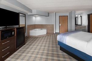 Habitación de hotel con cama, televisor, baño con bañera y espejo.