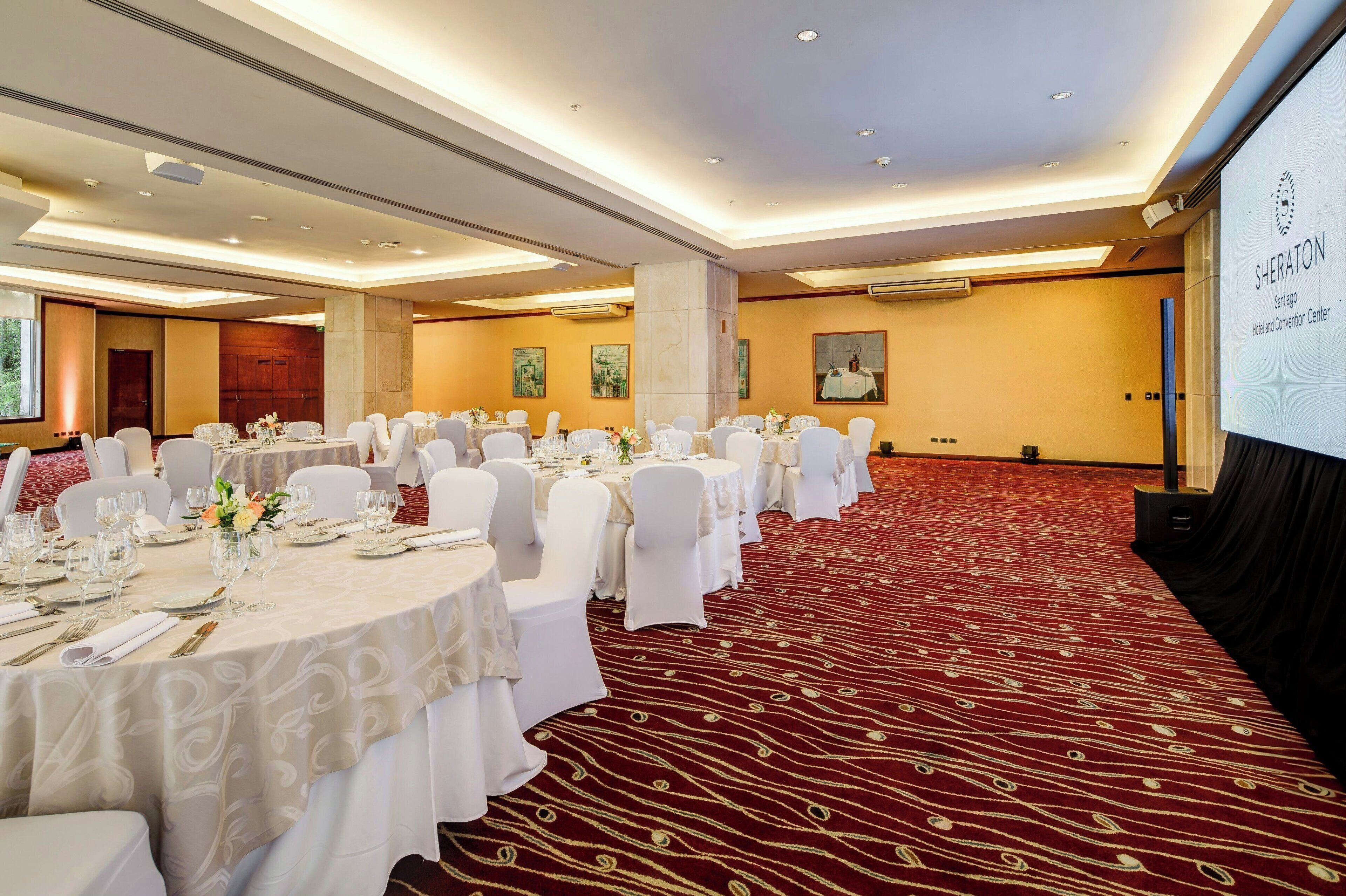 A banquet hall with round tables, white chairs, and a red carpet.