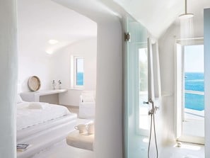 Combined shower/tub, free toiletries, hair dryer, bathrobes