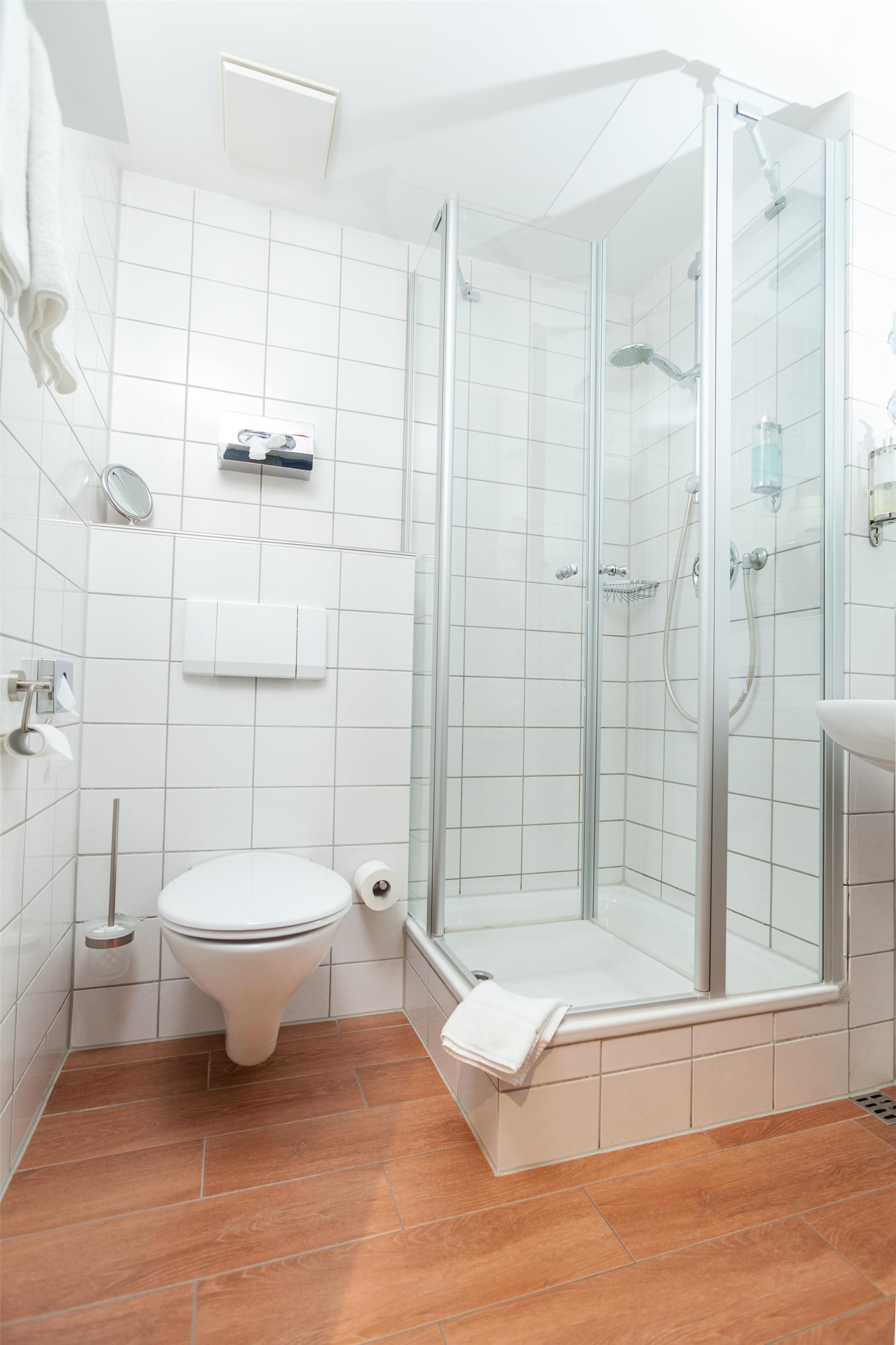 Ein modernes Badezimmer mit einer gläsernen Duschkabine, einer Toilette und einem Waschbecken.
