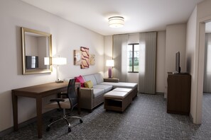 1 bedroom, desk, blackout drapes, iron/ironing board