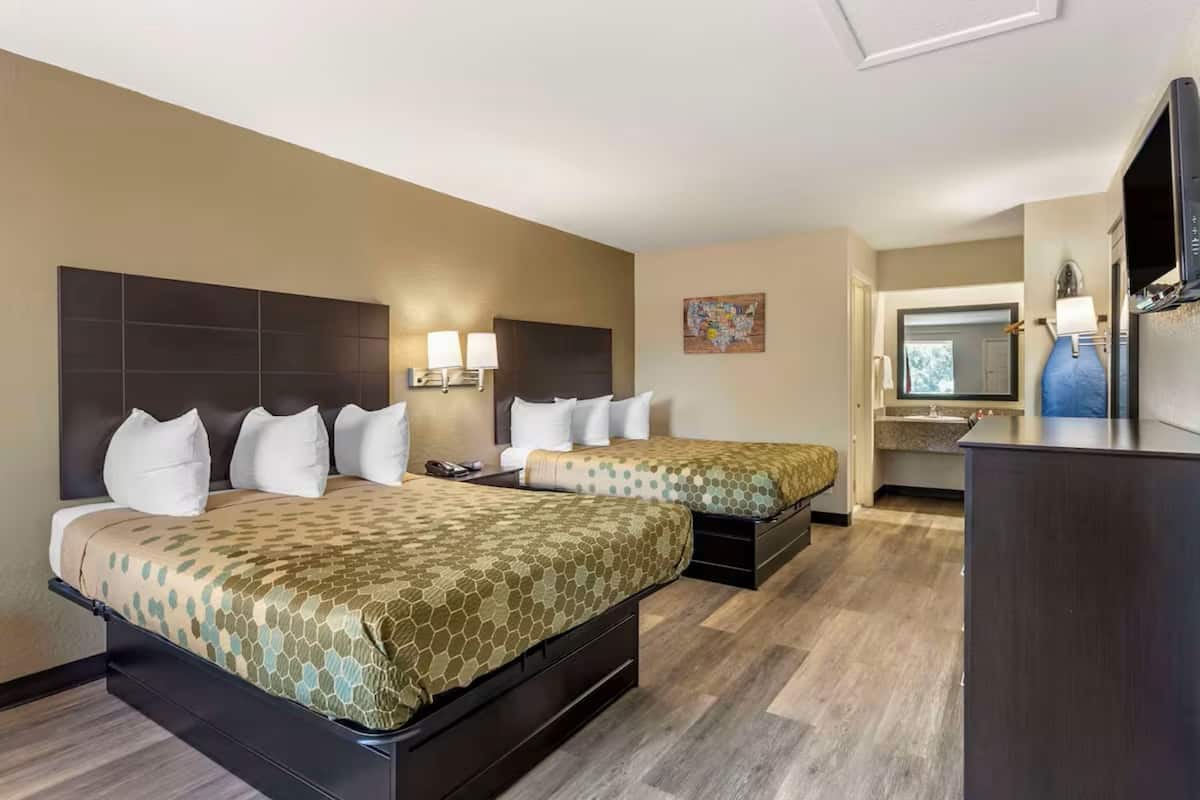 A hotel room with two beds, a desk, a television, and a bathroom visible through an open door.