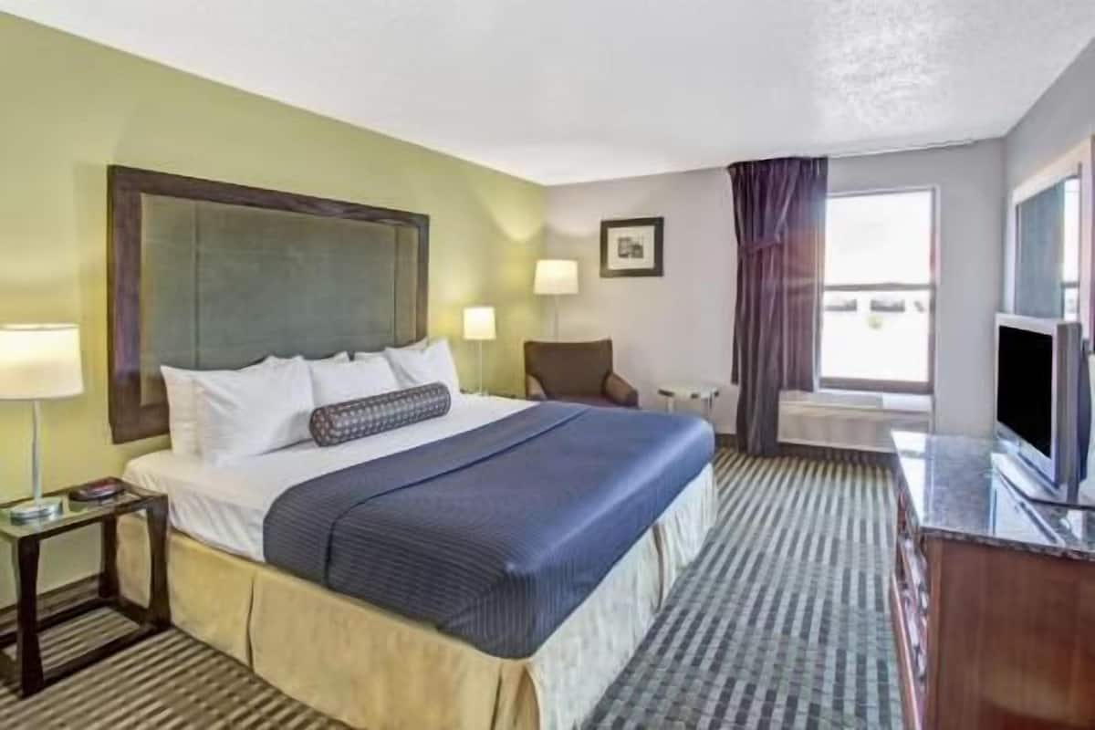 A hotel room with a bed, a chair, a desk, a television, and a window.
